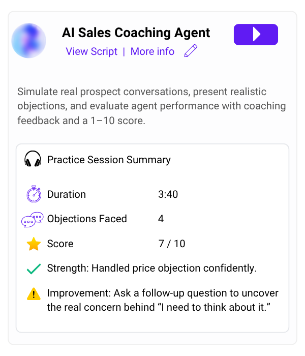 AI Sales Coaching Agent roleplay practice session