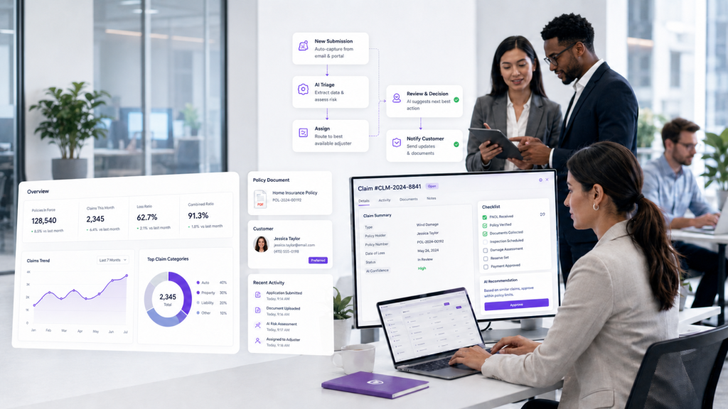 Insurance professionals using AI dashboards to manage policy documents, claims workflows, customer communication, and insurance automation.